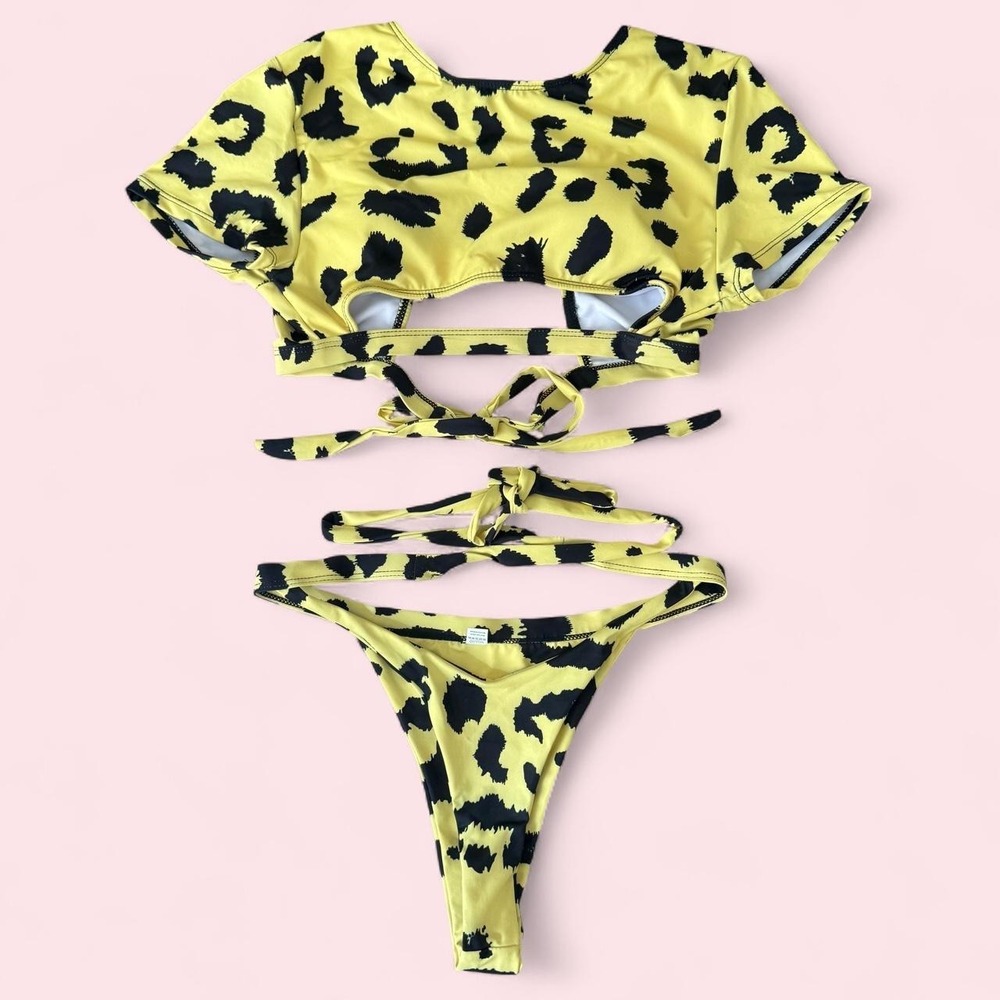 Yellow leopard print short sleeve bikini top and cheeky bikini bottoms